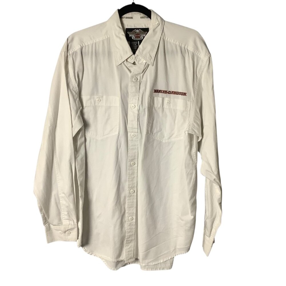 Harley Davidson Men‎ Long Sleeve Button-Up Shirt Large Embroidered Logos White